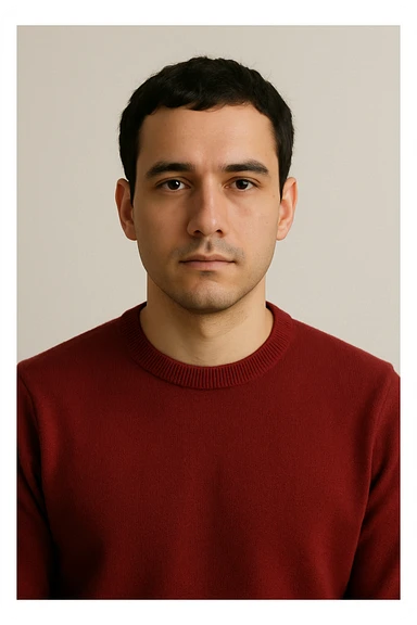 a guy with a red sweater, brown eyes, and black hair, neutral expression, upper body only, plain background sticker