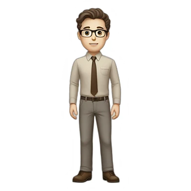 Full height Pale skinned fit man with dark brown hair in gray jacket, beige office shirt, brown tie, brown pants and vintage glasses. His right hand stretched out sticker