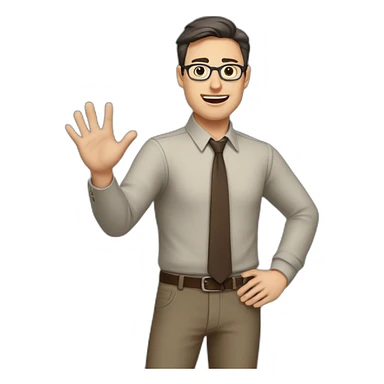 To belt Actively gesturing with hands Pale skinned fit man teacher with dark brown hair in gray jacket, beige office shirt, brown tie, brown pants and vintage glasses. sticker