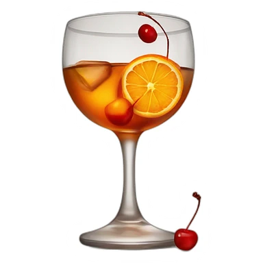 Whisky glass, old fashioned, cocktail cherry, ice cubes, orange twist sticker