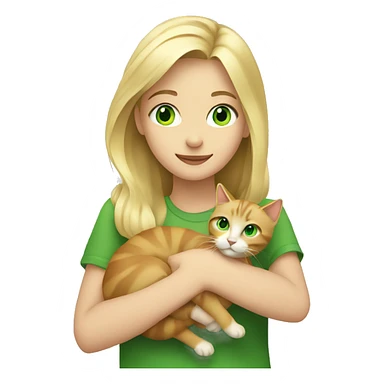 A blonde girl holds a cat with green eyes in her hands sticker