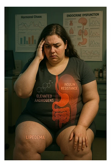 cinematic realistic in italiano Woman with PCOS struggling with hormonal chaos, transparent overlay showing elevated androgens and insulin resistance affecting her body, lipedema causing disproportionate fat accumulation in legs and arms despite normal torso, expression of frustration with unexplained weight gain, medical charts showing complex endocrine dysfunction, painful swollen limbs contrasting with metabolic confusion sticker