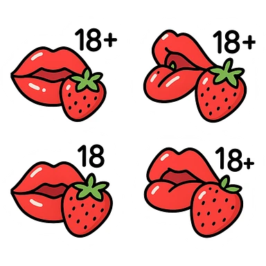 vector-style drawing of juicy red lips holding a strawberry with '18+' text next to or above the lips, smooth rounded forms, expressive shadows and highlights for a glossy look, several variations of lips and strawberry placement sticker