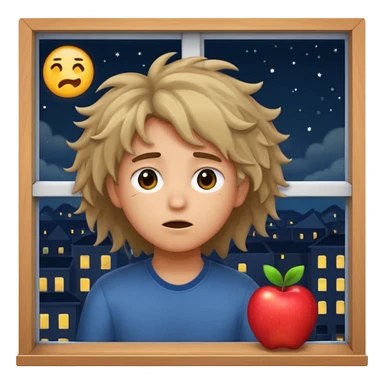 tired student with laptop, window at night behind, messy hair, apple style emoji sticker