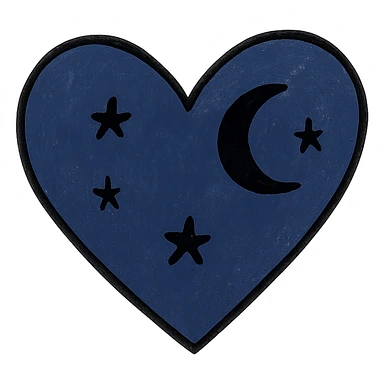 heart in a midnight color palette, deep blue and black, with subtle stars or a moon motif sticker