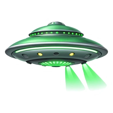 UFO flying saucer, green lights, cartoon sci-fi emoji, no background sticker