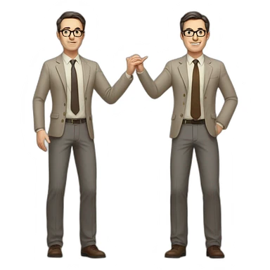 Full height Actively gesturing with hands Pale skinned fit man with dark brown hair in gray jacket, beige office shirt, brown tie, brown pants and vintage glasses. sticker