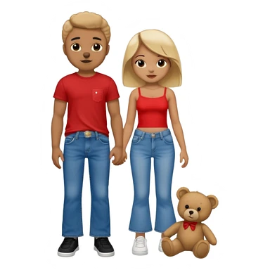 A boy and a girl teddy bear for the boy bear put on true religion shirt and jeans with black shoes and for the girl put flare jeans and a red tube top and white shoes sticker