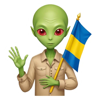 Green alien in Shirt 👚 vyshyvanka, white with red embodiary on sleeved, with 🇺🇦 Ukraine flag in a hand sticker