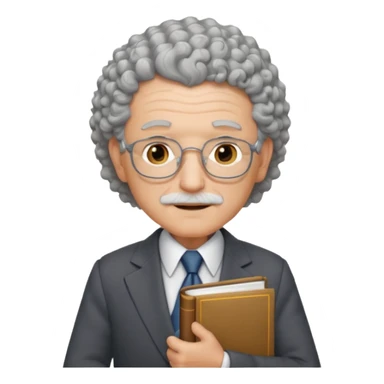 elderly male, curly hair, holding book, wearing suit sticker