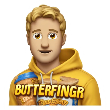 White guy wearing yellow hoodie that says butterfinger on it sticker