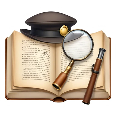 Icon for Detective Reading: an open book with text and a magnifying glass on the pages, a classic detective hat and a pipe, surrounded by clues like footprints, a revolver and a notepad. The icon should represent the mystery and intrigue of detective stories. Transparent background. sticker