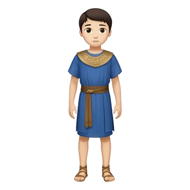 Niño: niño entre ⅞ años y 10/14 años, delgado, blanco de piel, moreno, ojos ni muy claros ni muy oscuros, bueno y simpático. cuerpo entero, época púnica sticker