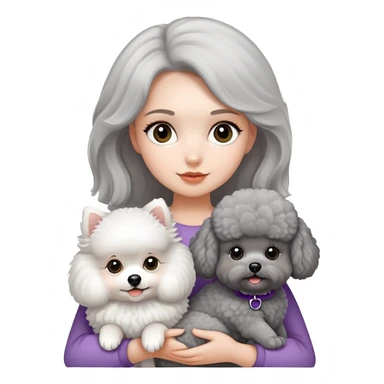 A girl holding a white Pomeranian and a gray poodle sticker