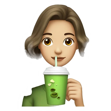 Girl long, wavy & brown haired drinking matcha  sticker