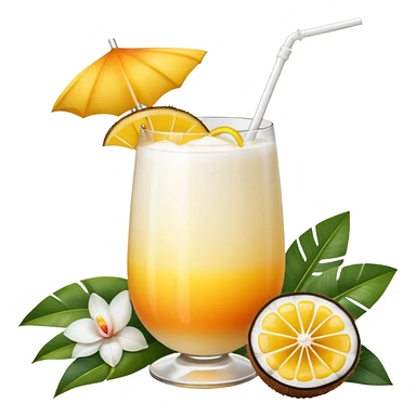 A beautiful cocktail with a creamy white to orange gradient, containing coconut juice and mango, reminiscent of summer. Above, there are tropical flowers, lemon slices, and straws. sticker
