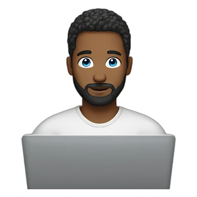 man with blue eyes bun and beard at a laptop sticker