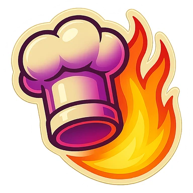 chef's hat with a trail of fire emoji, playful, synthwave colors, vibrant, matching style reference file
 sticker