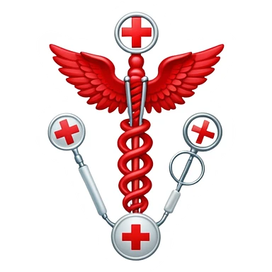 An icon featuring a caduceus (The Hygeia Vessel), a red cross, symbolizing medicine. The design includes medical tools and symbols, representing healthcare, diagnosis, and healing practices. Transparent background highlights the profession and study of medicine. sticker