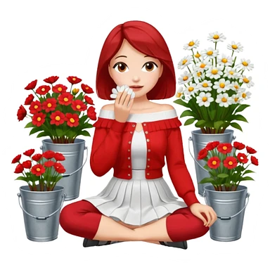 a woman sitting on a tiled surface surrounded by various bouquets of flowers in metal buckets and glass vases. She is holding a single white flower up to her face, covering it playfully. She wears a red off-shoulder cardigan and a white skirt. sticker