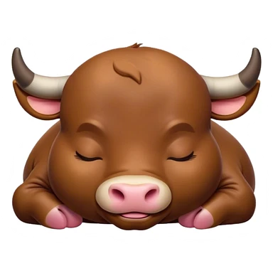 Meme-Worthy Cute Sleeping Brown Bull Portrait Emoji, Head resting peacefully with a contented smile, showcasing a robust, massive build and a luxuriously soft rich brown hide, eyes shut in a serene, restful nap, Simplified yet hilariously adorable features, highly detailed, glowing with a soft, drowsy light, high shine, relaxed and utterly lovable, stylized with an air of playful laziness, bright and heartwarming, soft glowing outline, capturing the essence of a comically sleepy guardian, so meme-worthy it feels like it could instantly become the next viral sensation of adorable slumber! sticker