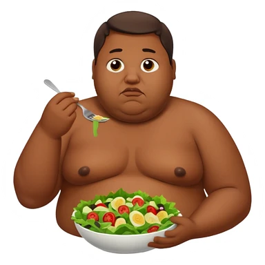 Obese brown man topless eating salad, sad sticker