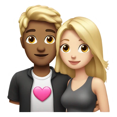 Cute white couple, blonde hair woman and man  dark haired kissing holding a pink heart sticker