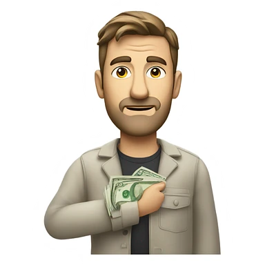 Caucasian Man sticking out his hand with money and a scowl sticker