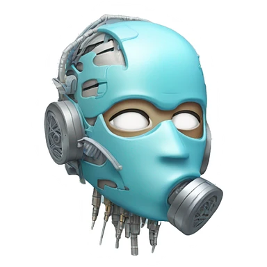 Pastel blue haired cyborg head with silver respirator mask and circuits sticker