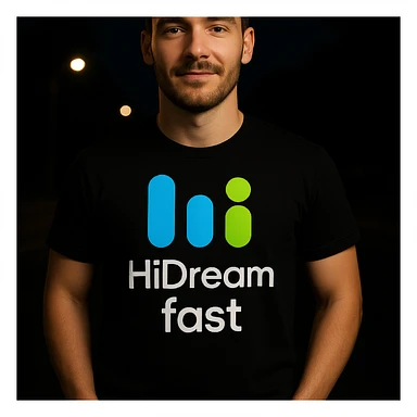 man wearing tshirt with this logo, dark night background with dim , add fast below logo sticker