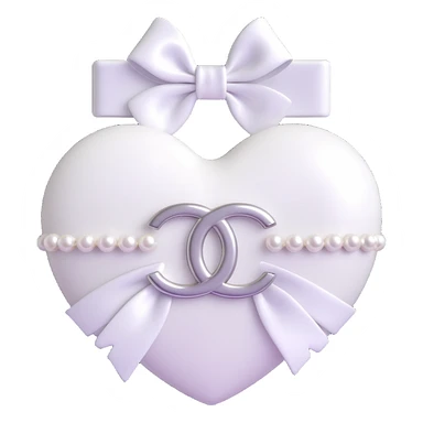 Add a white bow to the heart with pearls and silver Chanel logo, keep it elegant, glossy, black and white, 3D emoji style. sticker