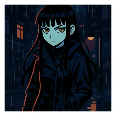 gothic shoujo anime girl named EchoMoon, long black hair, sharp bangs, pale skin, amber green eyes, cold expression, dark raincoat, gloves, standing in rainy urban setting, dramatic lighting, ultra-detailed, moody, dark palette sticker