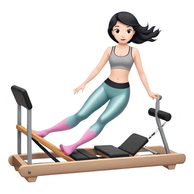 Create a Pilates emoji: a girl with fair skin and black hair, wearing a grey bra and grey leggings with pink pilates socks, doing  mermaid on a wooden reformer. Make it look at the reformer. Make the colors neutrals. sticker