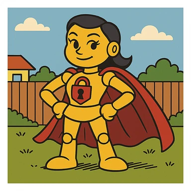 Transform the heroic robot into a more feminine version, with a cape and lock emblem, keeping her bold, cartoon style. sticker