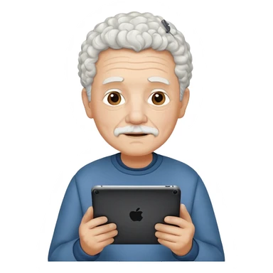 a old man with short curly white hair with tablet sticker