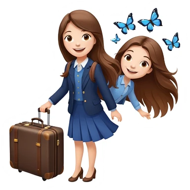 Excited smiling sweetly 🥹🥰🦋 Girl with long brown hair with a suitcase, ready for travel, passport in hand and butterflies around her elegant sticker