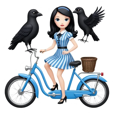 1920s coal hair Silkstone Marie Antoinette Barbie Wednesday Addams from academy in a blue and black vertically-striped classic dress. riding hot rod bikes with crows sticker