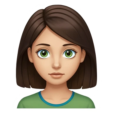 long dark brown hair with highlights in the front, big blue eyes clear skin with neck and green top on add long eyelashes sticker