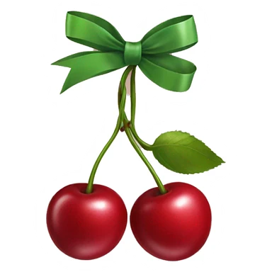 An emoji of two cherries hanging from a ribbon bow, with the cherries dangling below the tied bow sticker