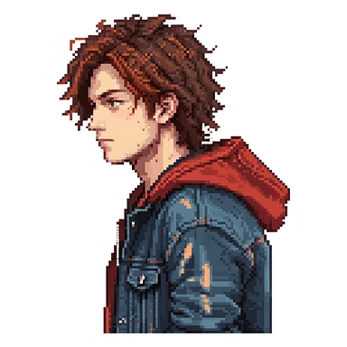 Pixel art character, young man with dark jacket, red hoodie, brown messy hair, jeans, scar on left eyebrow, confident face, retro arcade sprite style, side view sticker