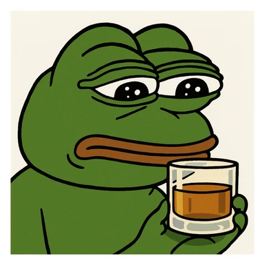 Pepe the Frog examining a whiskey glass thoughtfully, in pepe meme style sticker