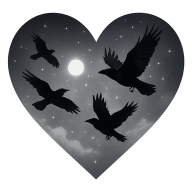  heart with white night sky and dark ravens, remove background sticker
