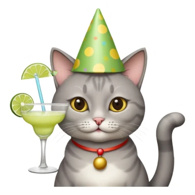 A grey cat is wearing a party hat, and drinking a margarita. sticker
