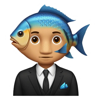 A man wearing nice black suite, and he has a fish head sticker