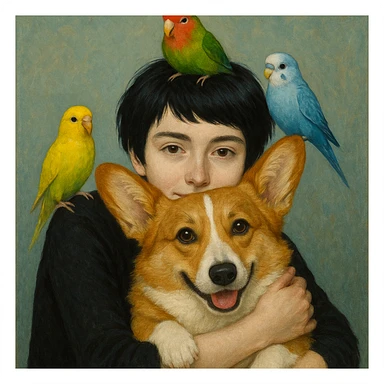 Dark short hair, dark brown eyes with pale skin and thin eyebrows girl hugging a welsh corgi. And a green-reddish lovebird on her head with yellow, blue love birds around her. sticker