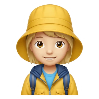 Little student wears yellow bucket hat and jacket, backpack, happ sticker