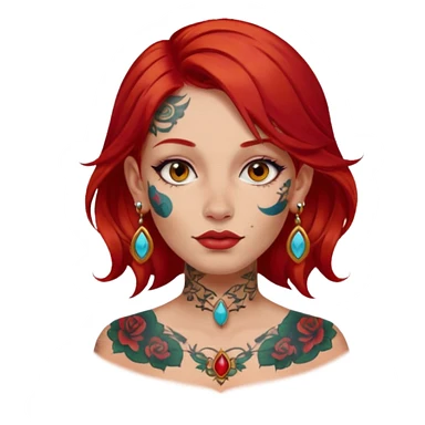 red hair woman with extra  big earring and face tattoed sticker