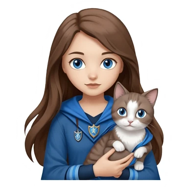 gorgeous Girl with light skin, blue eyes, long brown hair, wears a ravenclaw outfit, with a grey and white cat holding in her arms sticker