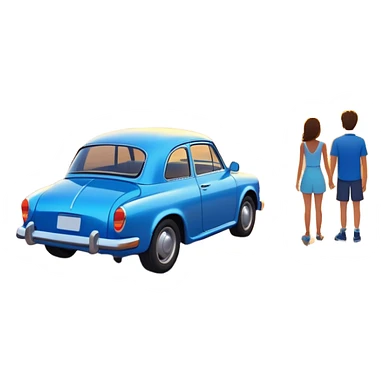 A parked blue car sits quietly on the side of an open road, facing a breathtaking sunset. Two people stand outside, backs turned, watching the horizon. The road stretches endlessly ahead, surrounded by a peaceful, glowing landscape full of light, warmth, and possibilit sticker
