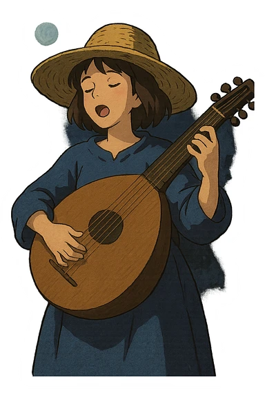 A female bard with a sturdy straw hat, playing a fat lute and singing, night time shadows   sticker